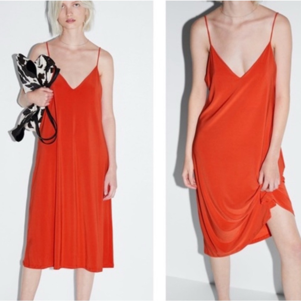 Zara Strap Slip Dress V Neck Red Orange EUC Small